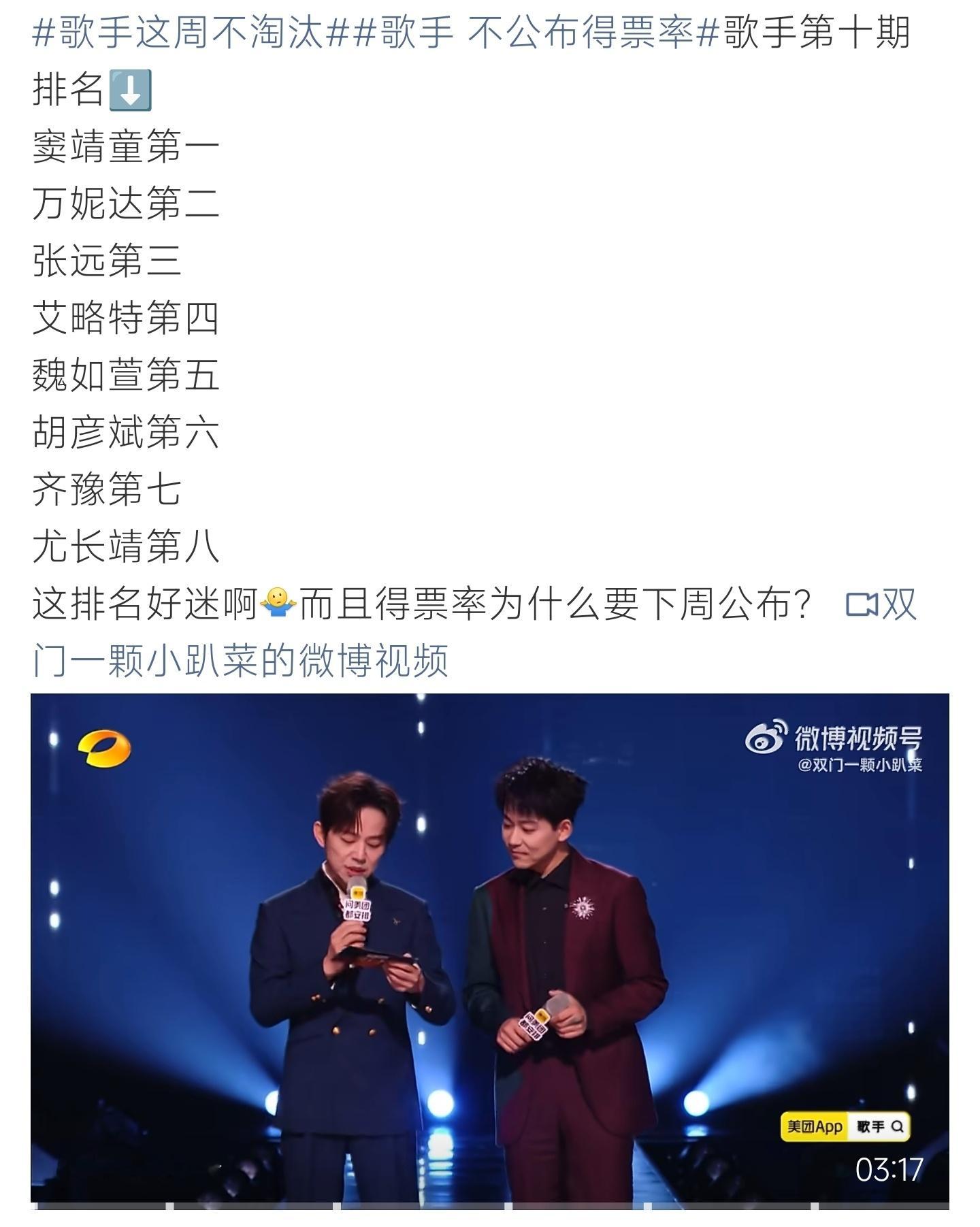 窦靖童第一 窦靖童拿下歌手第十期第一名，本周全员安全，得票率延后公布引讨论