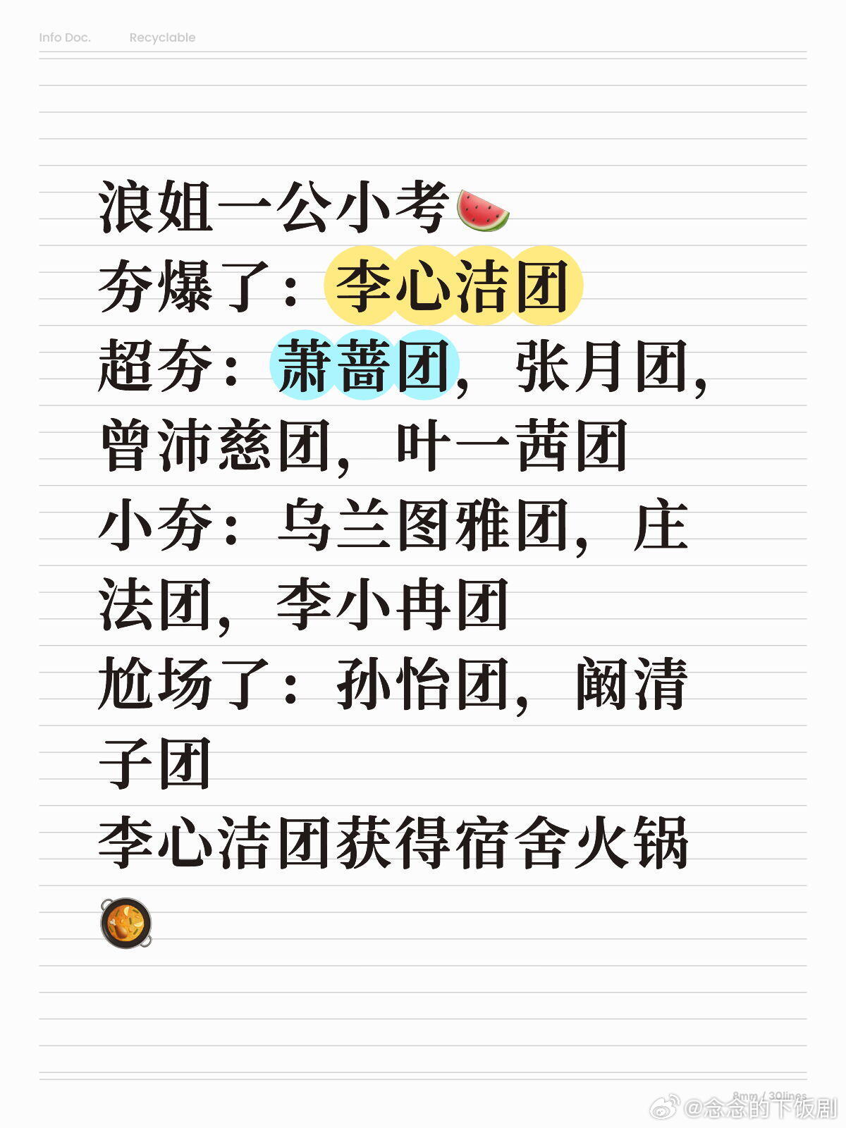 乘风破浪的姐姐浪姐一公小考浪姐一公小考🍉夯爆了：李心洁团超夯：萧蔷团，张月团，