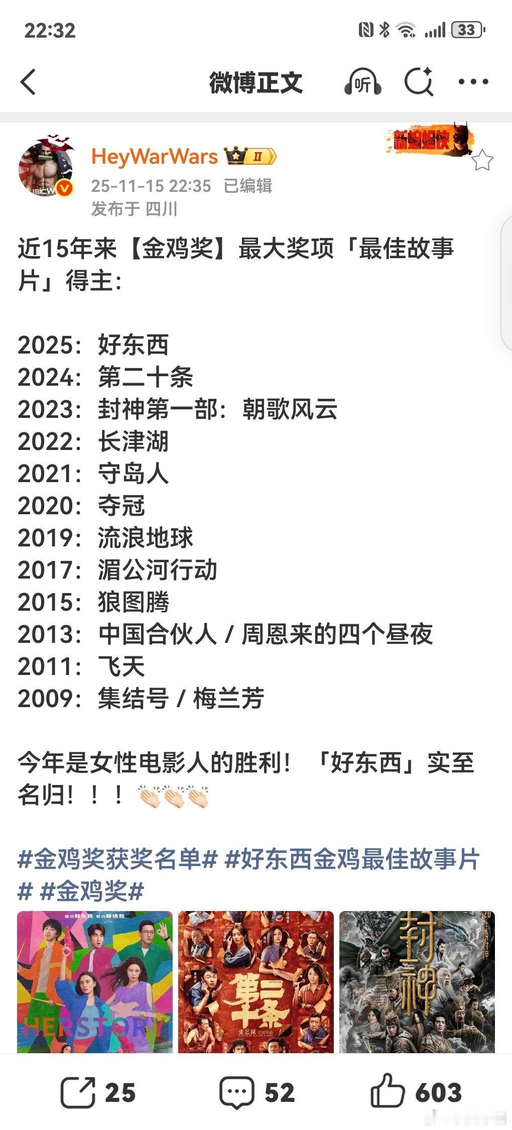 你看这个就知道金鸡其实很在意票房了，大部分都是当年票房好的所以老登中登们多恨贾玲