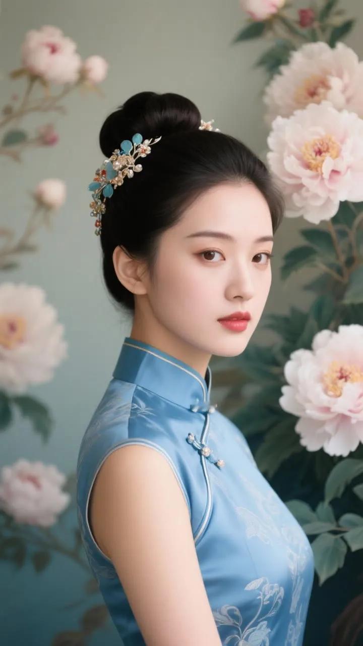 东方古典之美，蓝衣美人与花海相映成趣