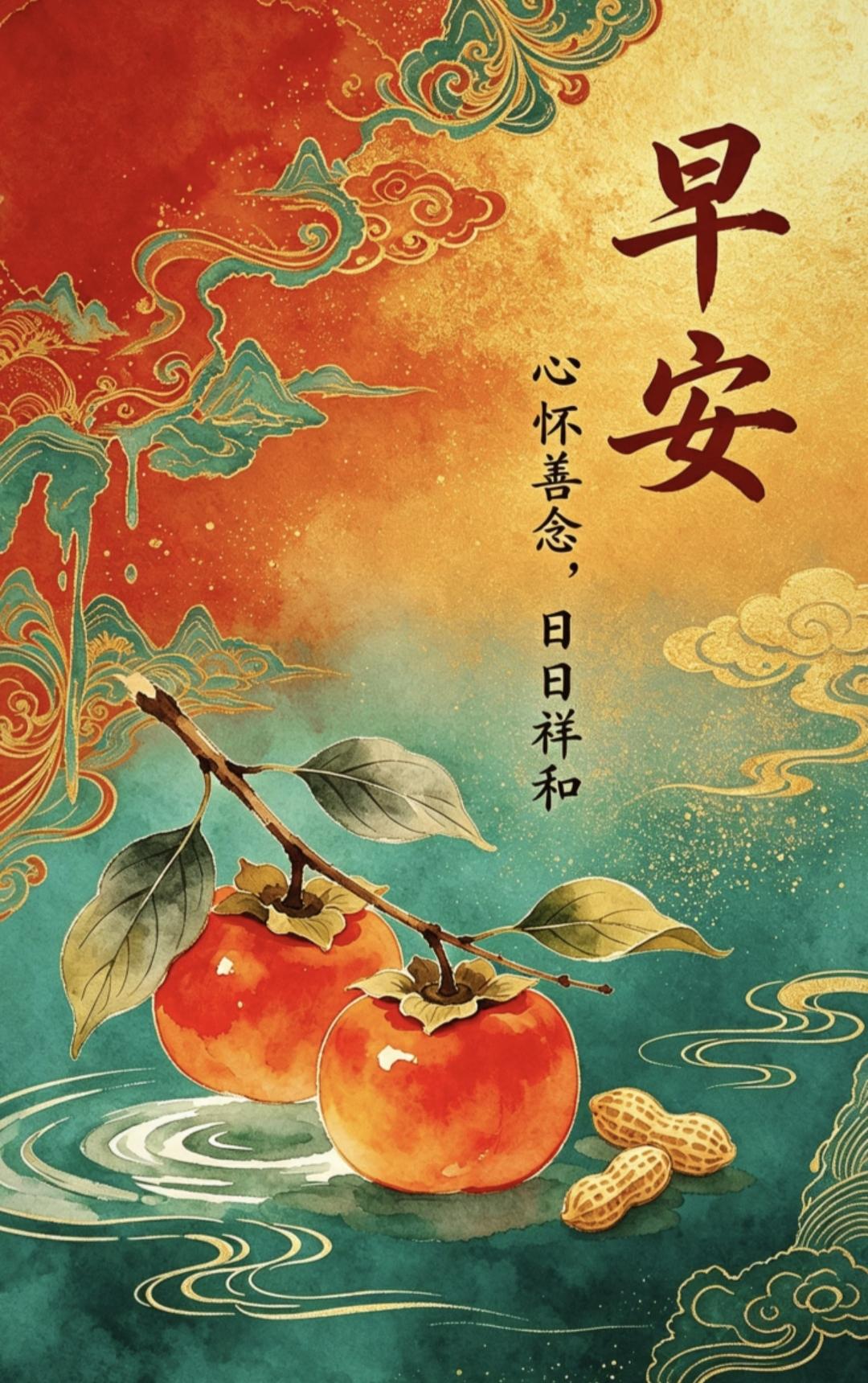 早安吉祥！红柿花生映祥云，心怀善念日日宁，迎福纳祥满门庭。传统文化传递正能量