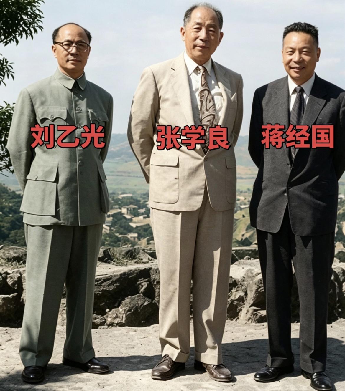 1960年，台北北投幽雅招待所，幽居岁月里的张学良与蒋经国和刘乙光拍下这张珍贵合