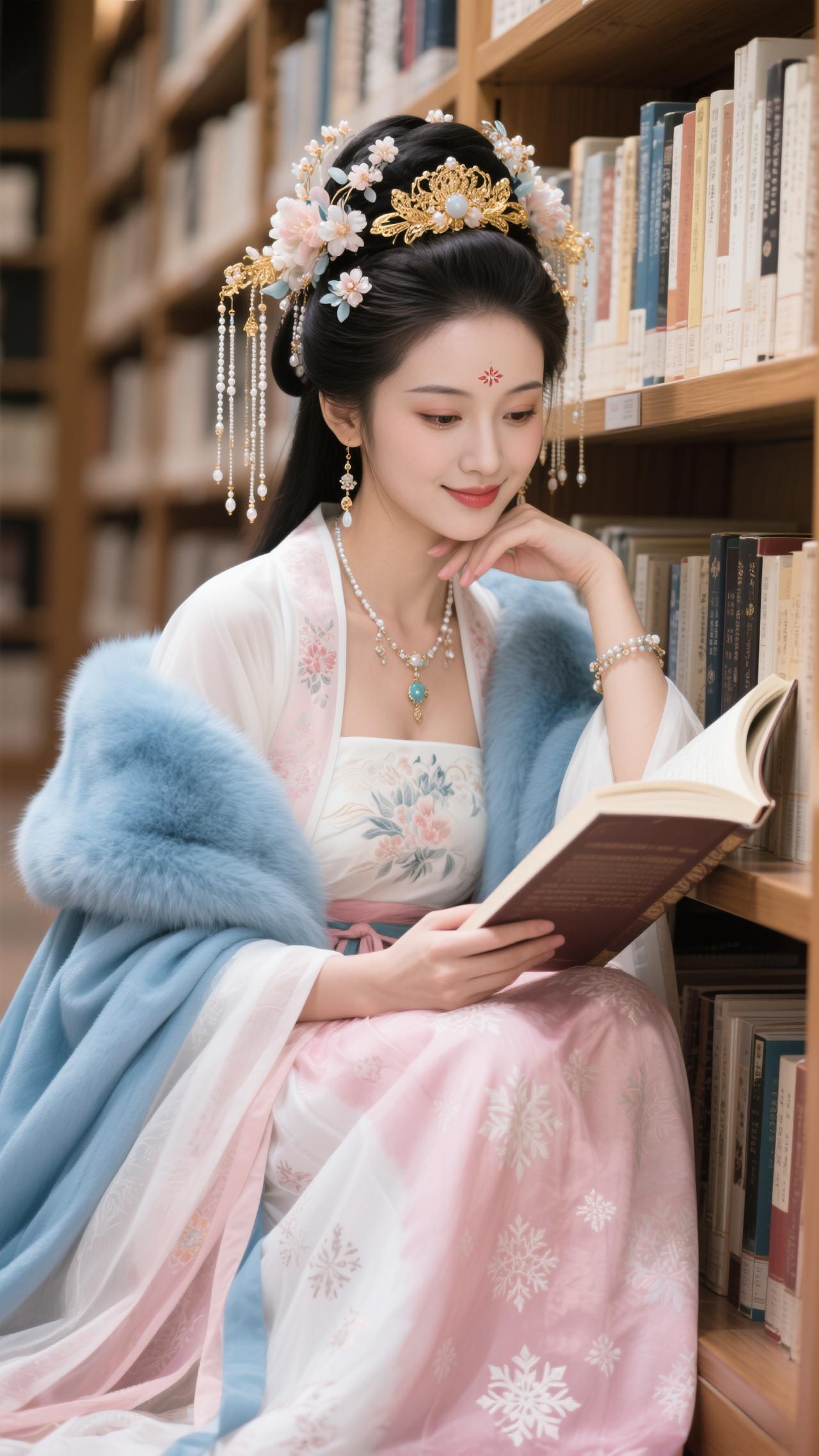 鹧鸪天·书馆春妆云鬓簪花缀玉珰，雪衣轻覆软蓝霜。袖间粉萼沾书页，额上朱砂印墨