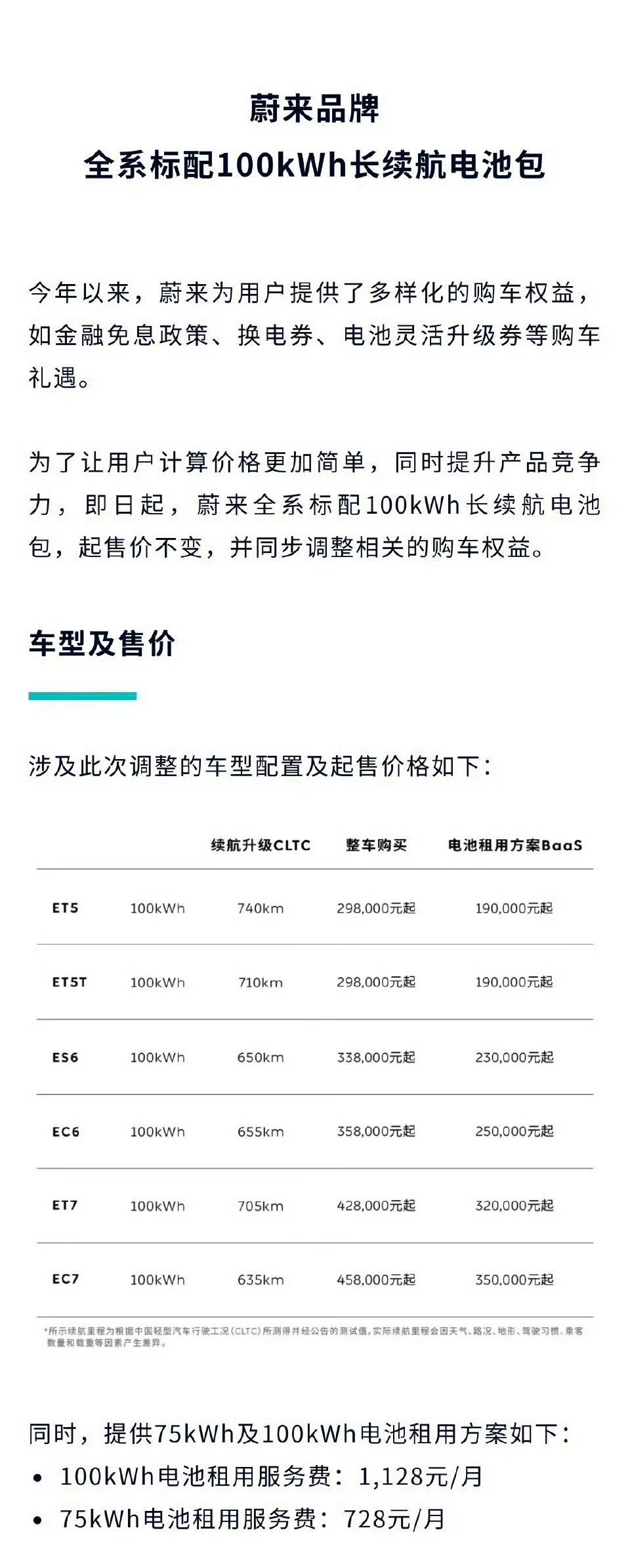 8月29日成都车展上，蔚来汽车宣布全系车型标配100kWh长续航电池包，整车起售