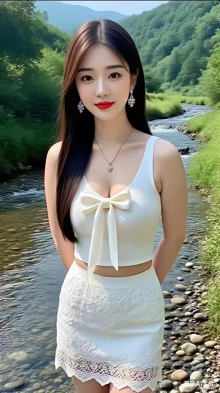 溪水潺潺伴白裙，山色温柔衬佳人，这身装扮，是森林里的小仙女吧？