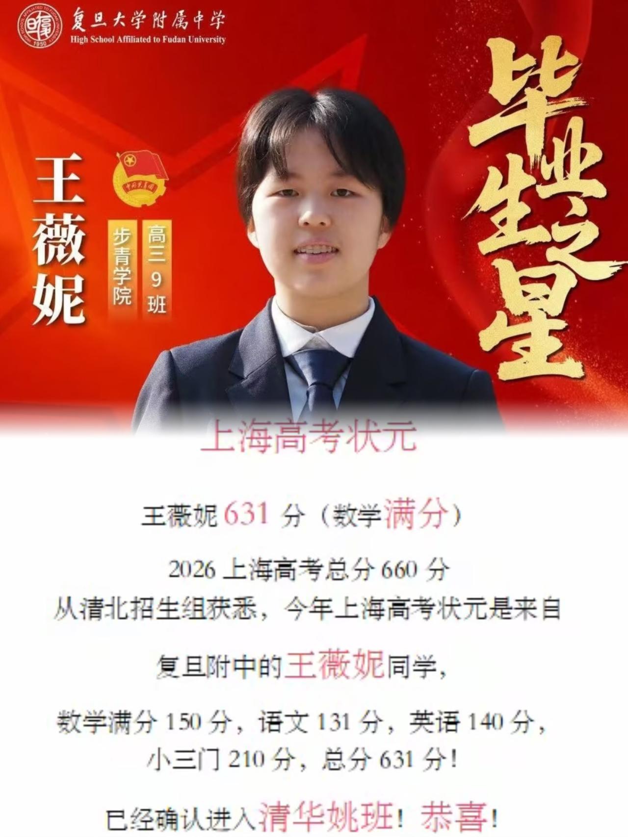 看到上海高考高分成绩单，瞬间刷新我对学霸的认知，复旦附中这位考生拿下631分