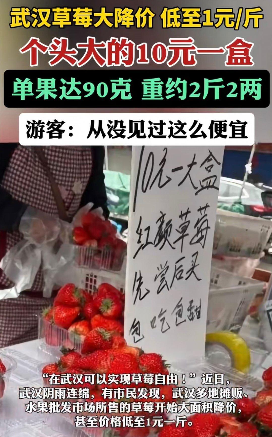 草莓价格跌至1元一斤草莓价格高的时候感觉很好吃，现在要真是一块钱一斤的，感觉就不