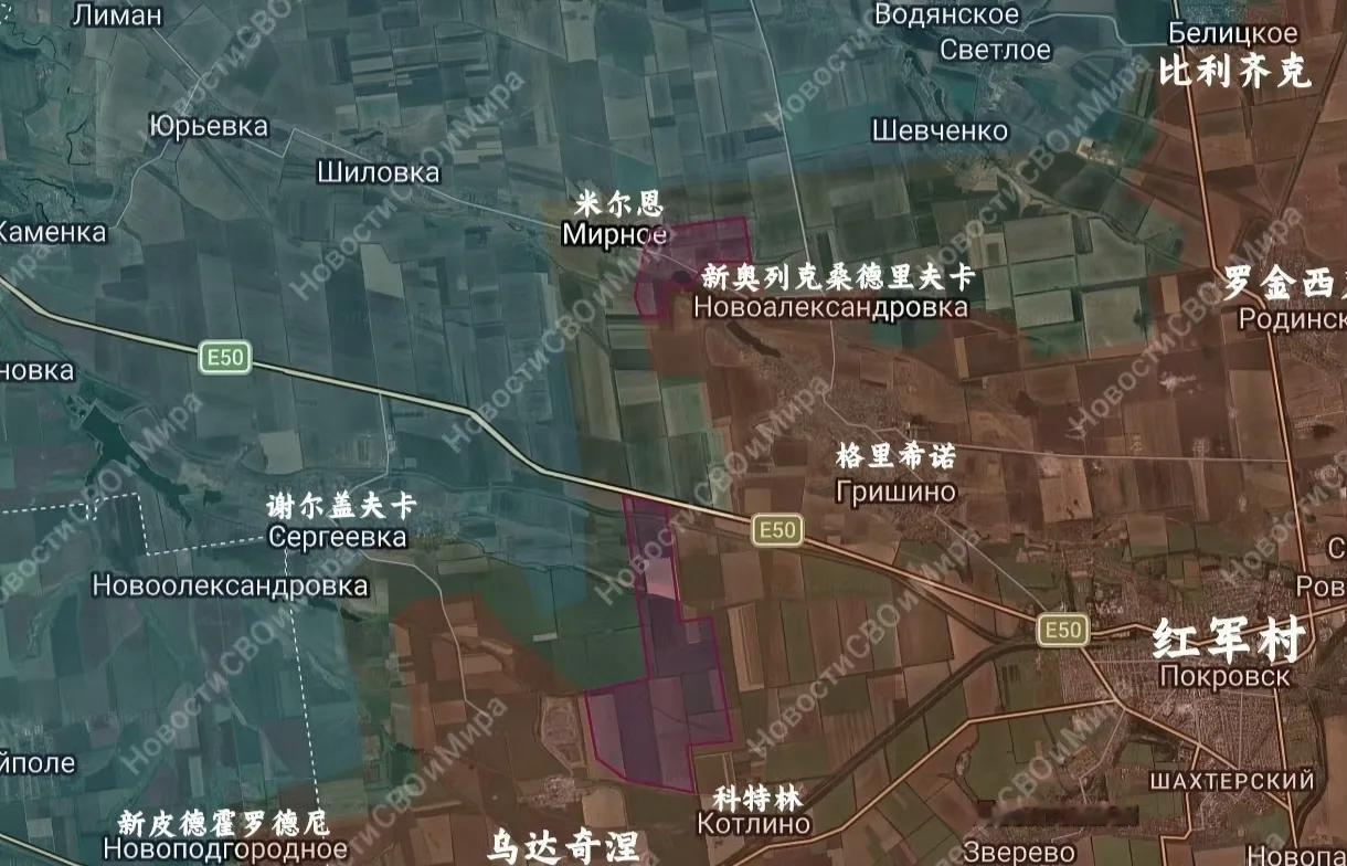 俄军中部集群在格里希诺附近的E50公路两翼推进，其中在科特林以北的推进不仅在进一
