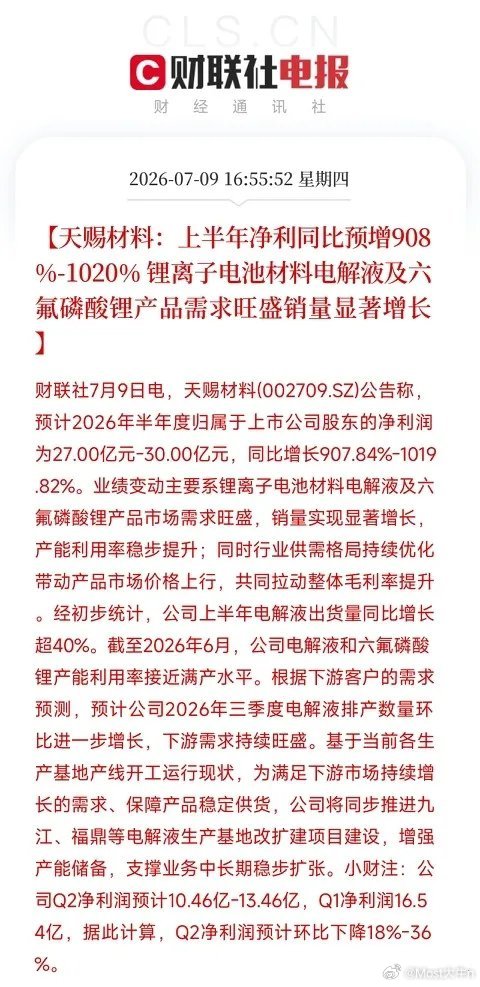 好消息！天赐材料净利大增10倍，电解液龙头单季赚翻，Q3还要更猛！新能源产业链业