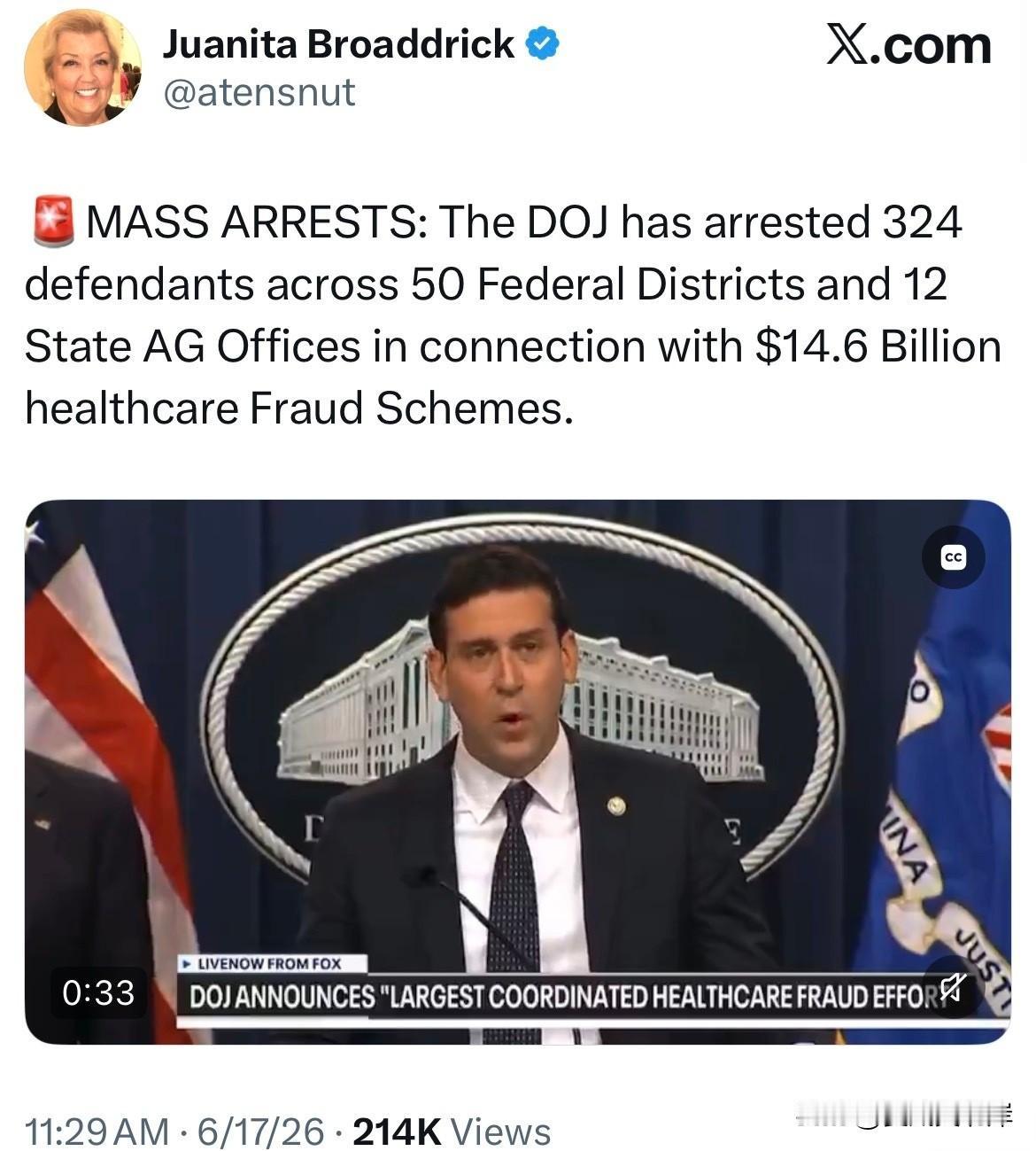 🚨大规模抓捕行动：美国司法部（DOJ）在全美50个联邦司法辖区、12个州总检