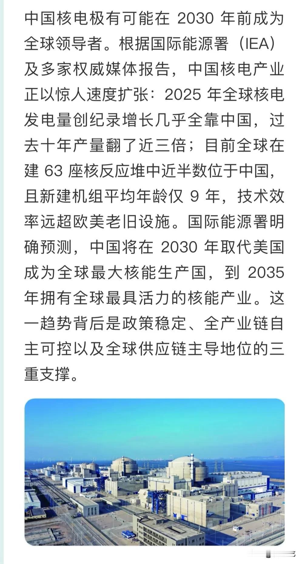 “中国核电极有可能在2030年前成为全球领导者”。根据国际能源署（IEA）及