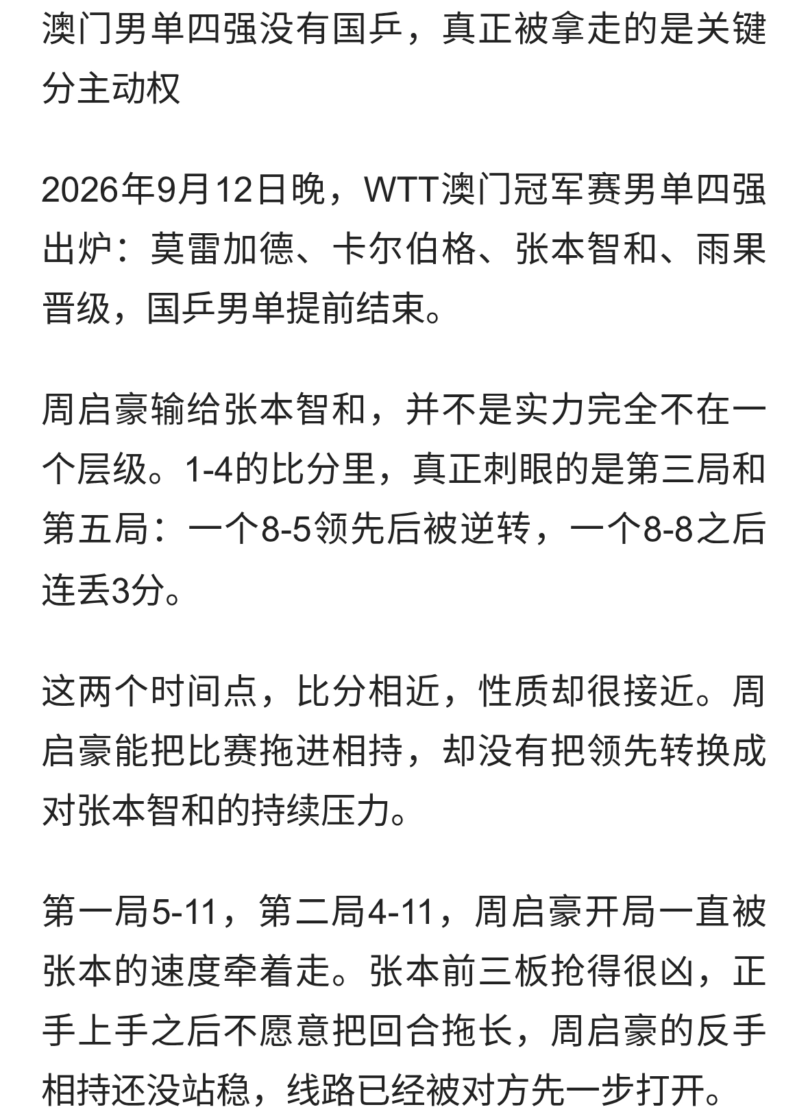 国乒男单三人全出局！张本4-1周启豪，雨果4-2送走日本头号种子