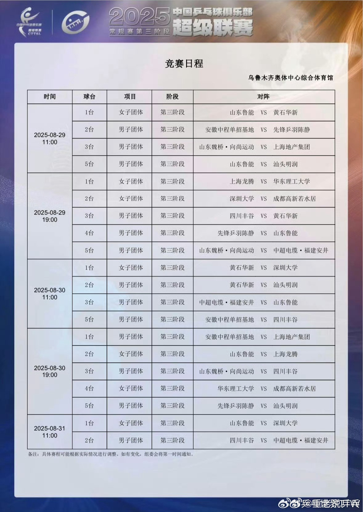 2025乒超联赛第三阶段竞赛日程表2025乒超联赛时间:8月29日-9月1日地点