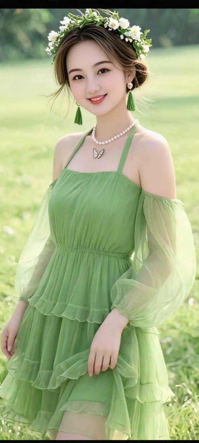 绿衣美人花环戴，笑语盈盈在芳草。