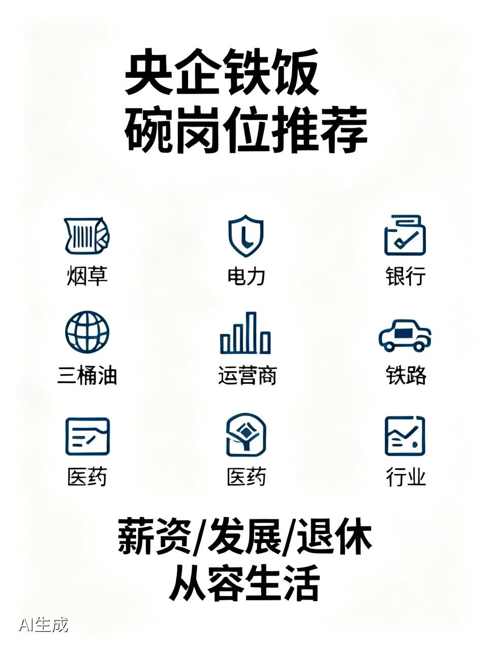 央企几个稳定的铁饭碗，烟草、电力、四大银行、三桶油、三大运营商、铁路公司、中国医