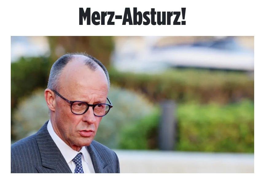 据《图片报》最新民调，德国总理弗里德里希·默茨在政坛人气榜上跌至第20位——最后