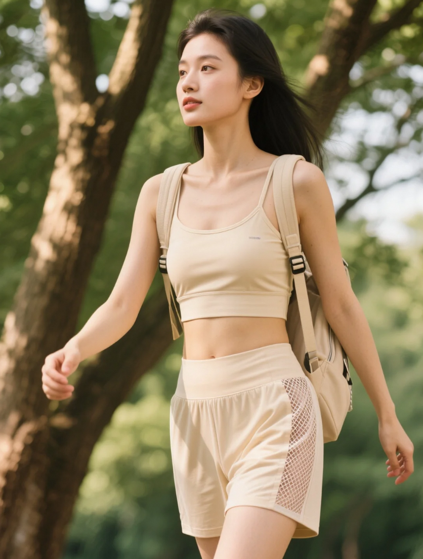 校园林荫道：杏色运动装的青春步伐