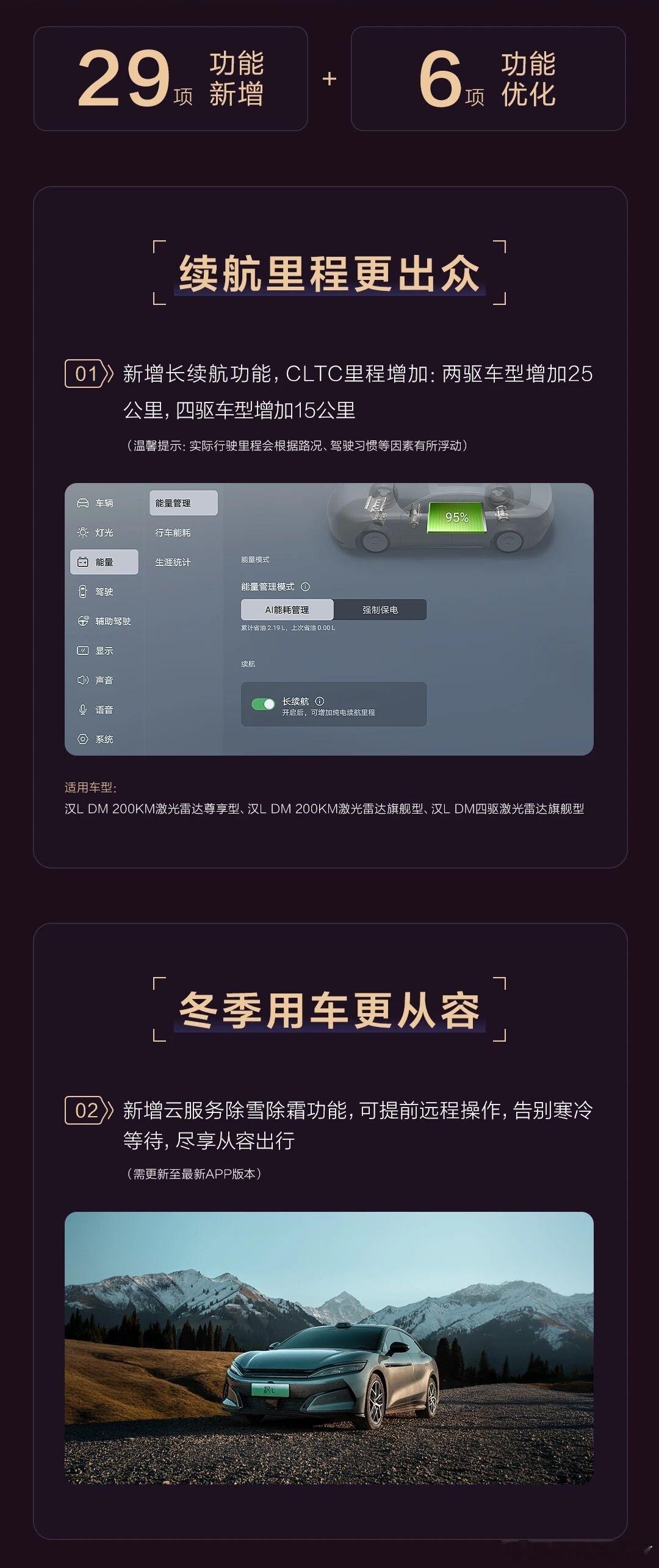 比亚迪汉L第四次OTA升级力度非常大，新增29项功能、优化6种功能，续航里程增