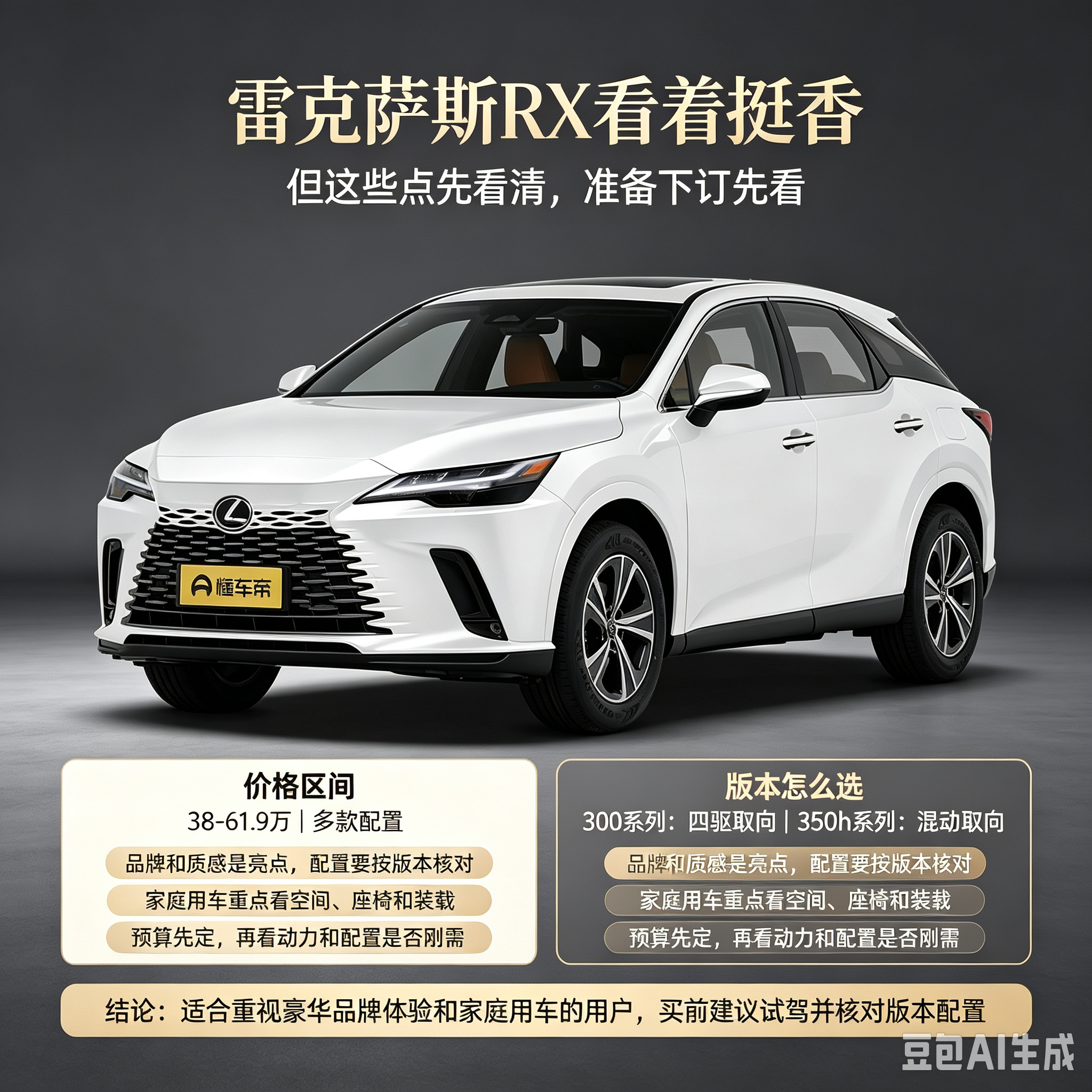 雷克萨斯RX看着挺香，但下订前先看清这几点。指导价38-61.9万，覆盖多款配置。300系列偏四驱取