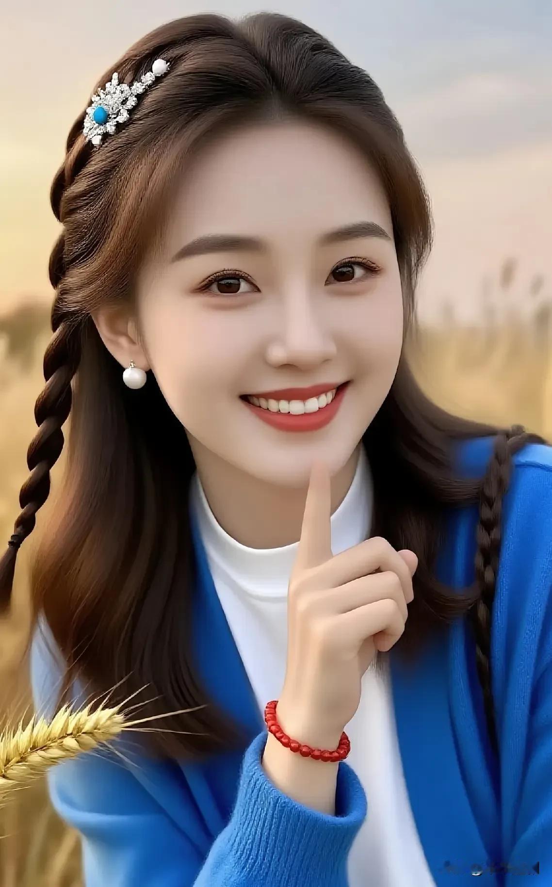 宝蓝针织开衫搭白内搭，麦田落日背景揉出清新又甜美的秋日氛围感💙温柔风开衫穿搭