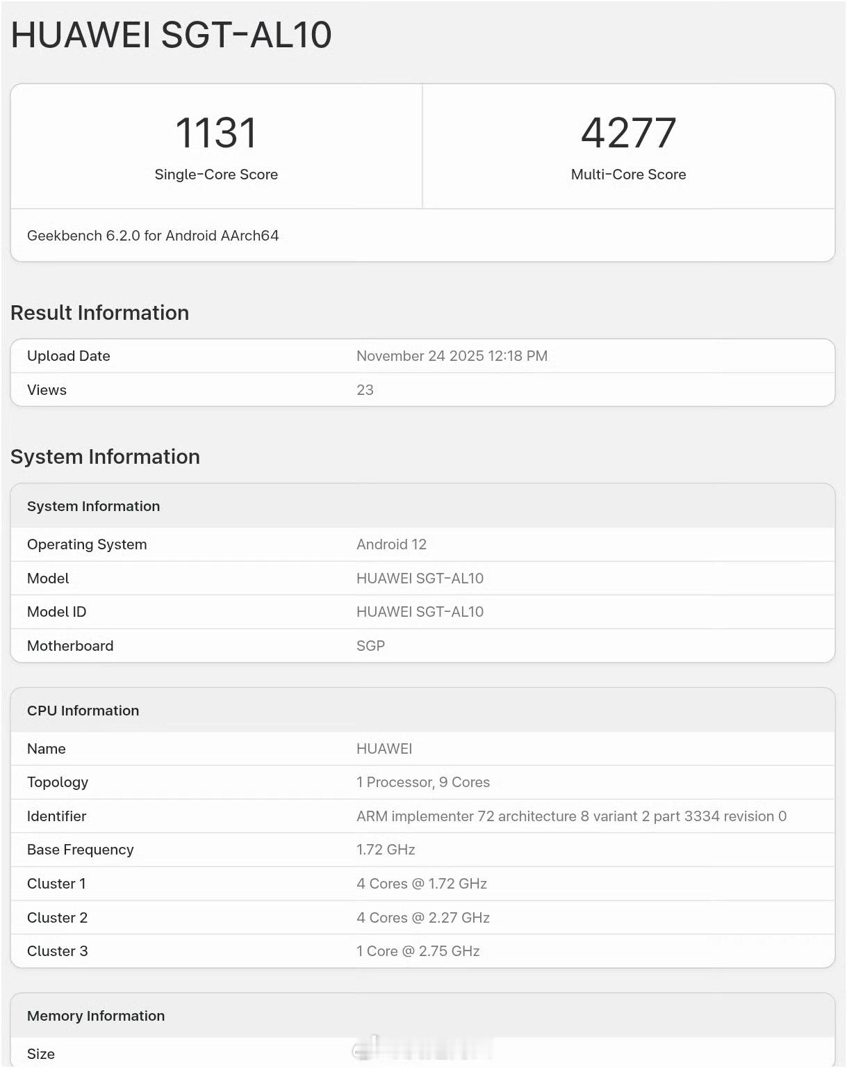 麒麟9030跑分出来了单核1131，多核4277，采用1+4+4架构,1*2.7