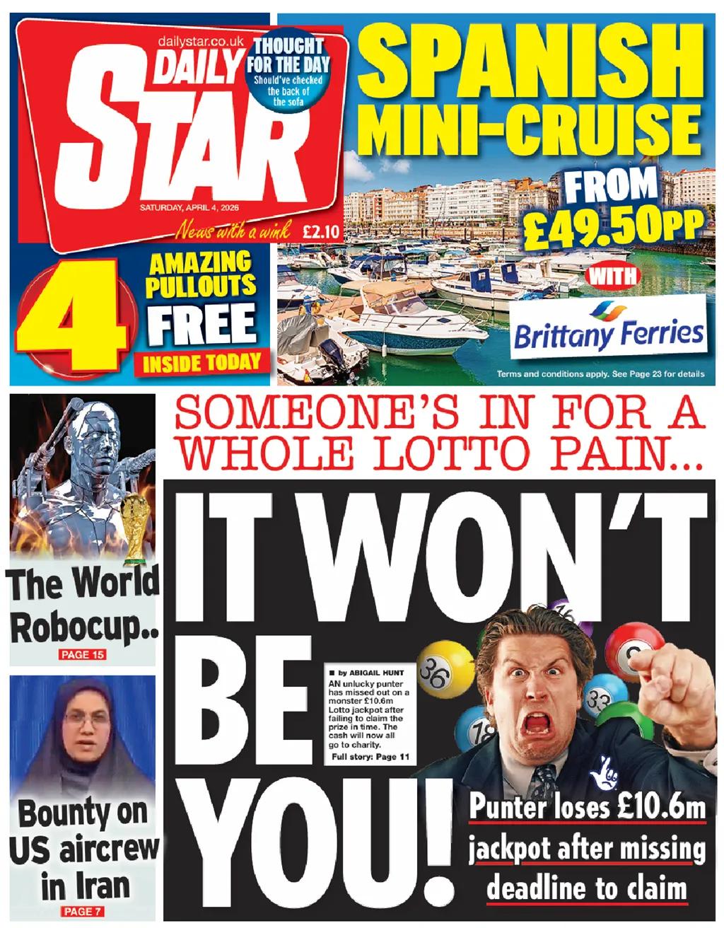 《每日星报》回顾了一位“倒霉的赌徒”，他错失了1060万英镑的彩票奖金。报纸称