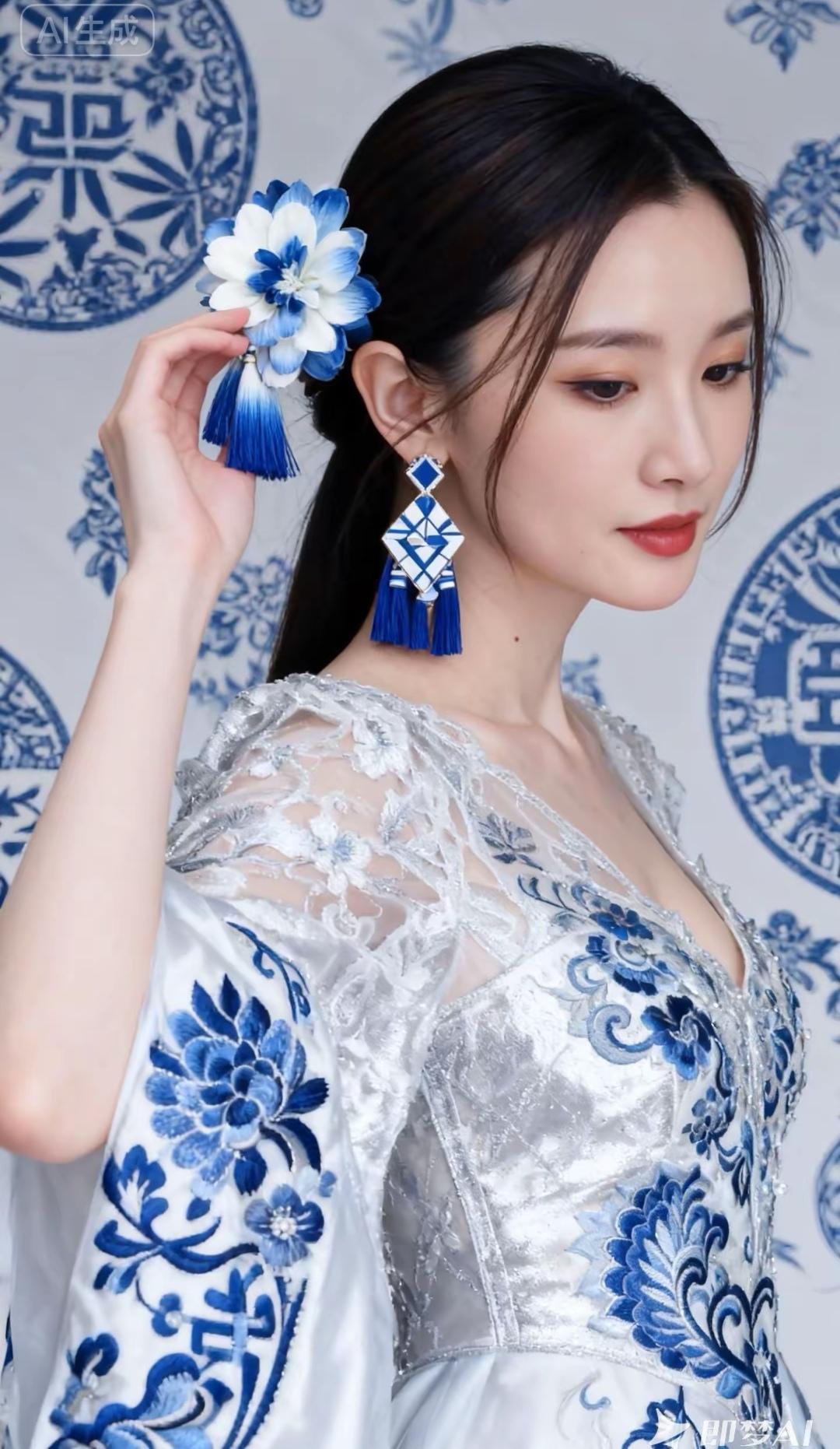 从云锦的经纬里走出，腰肢如明代青花瓷的曲线。