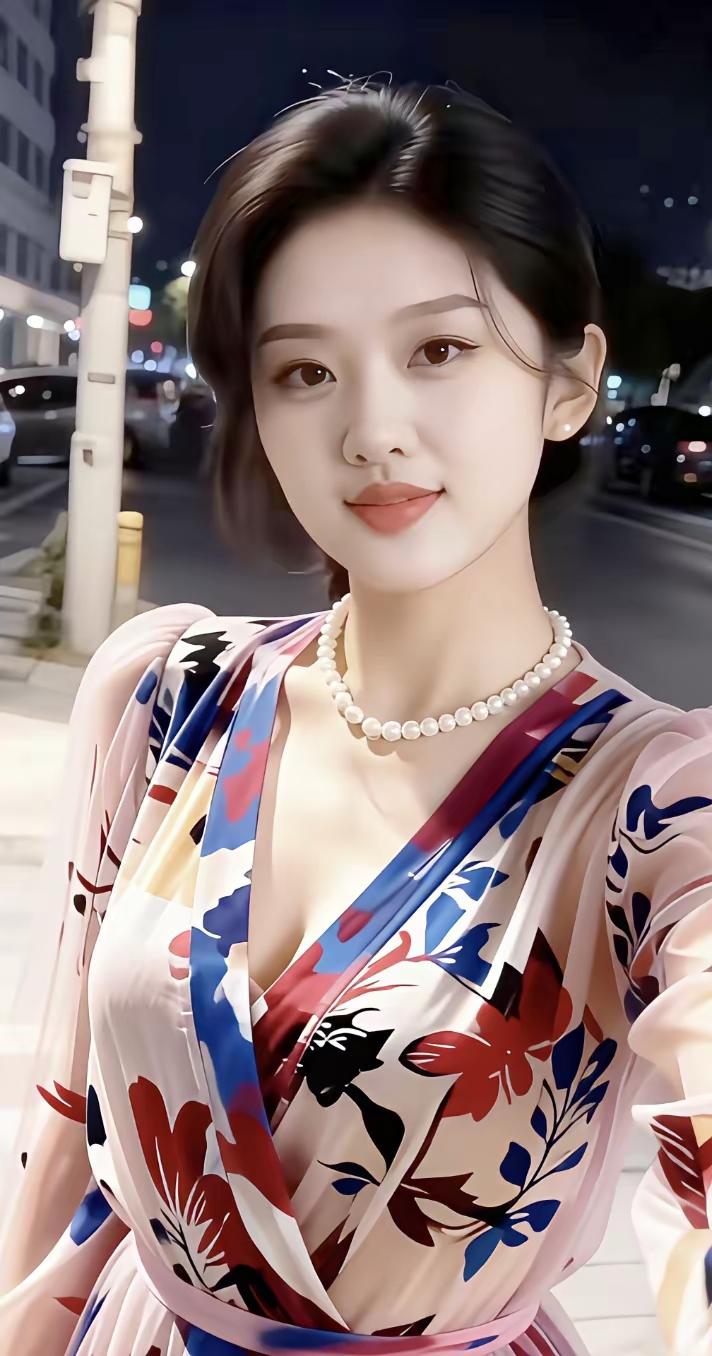 夜晚街头的优雅自拍，珍珠项链与花裙相得益彰，散发迷人魅力。