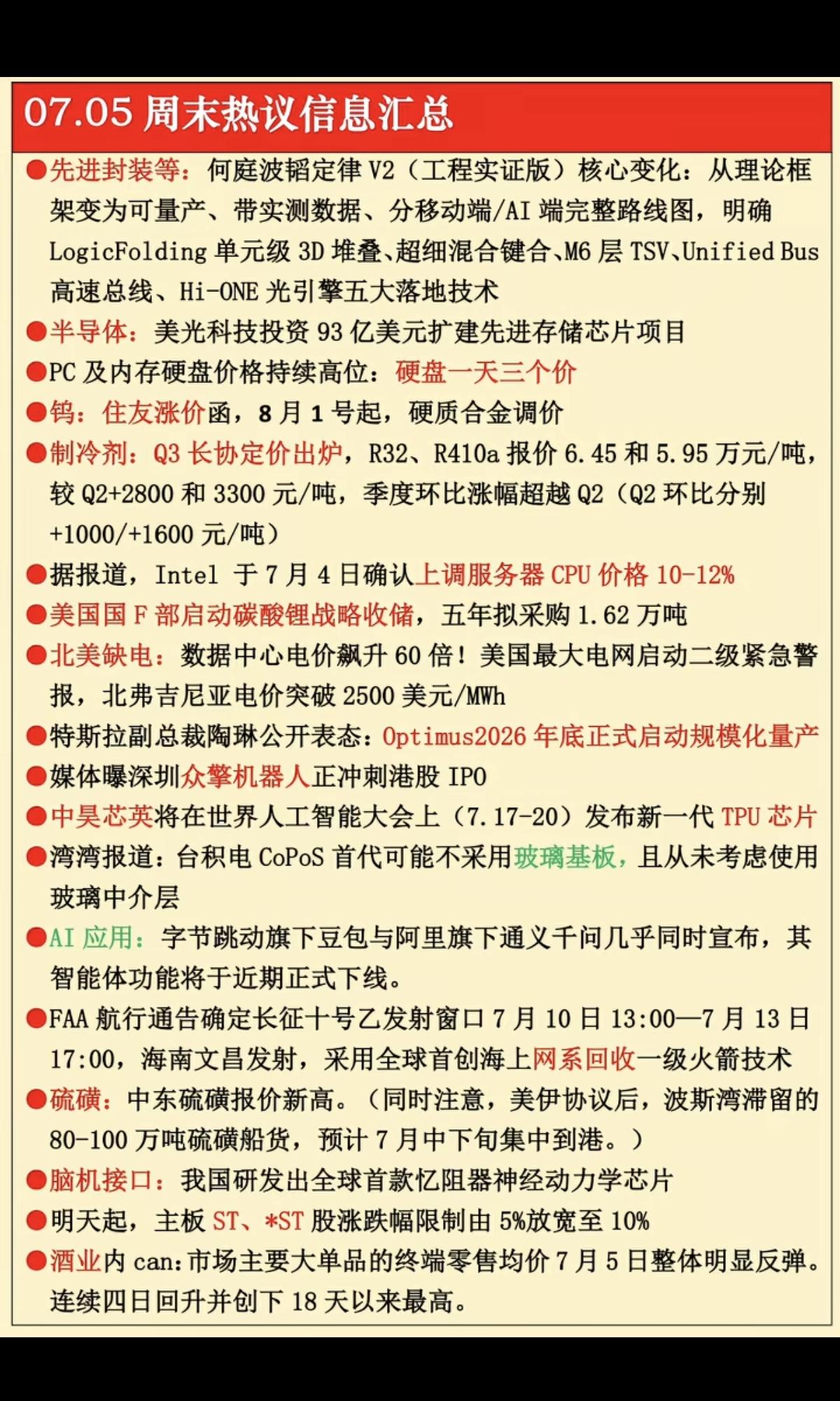 7.5周日周末市场热议方向+财经消息汇总！1.先进封装，韬定律2.PC