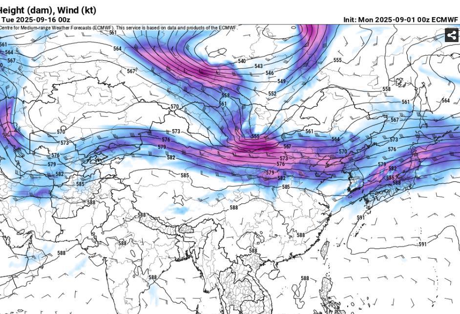 根据今天最新出炉的15天数值预报，9月16日外蒙古境内有冷空气，冷空气冷高压中