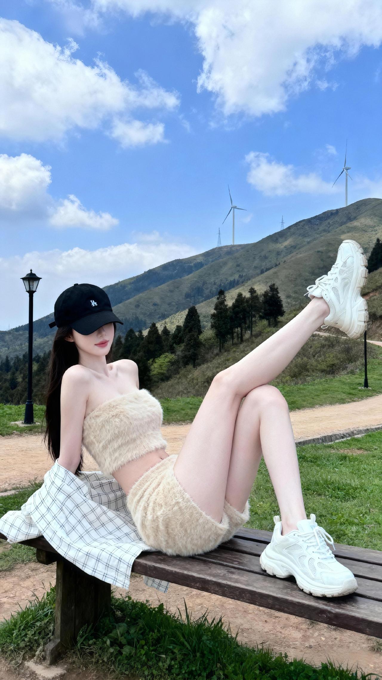 山野拍照的慵懒坐姿，每一帧都是壁纸！ai创作浪潮计划户外拍照ootd穿搭摄