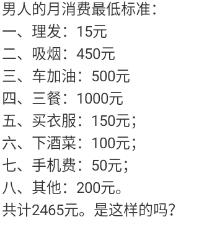 网传男人月消费最低标准清单一出，不少男生直呼太真实：烟450、加油500、三