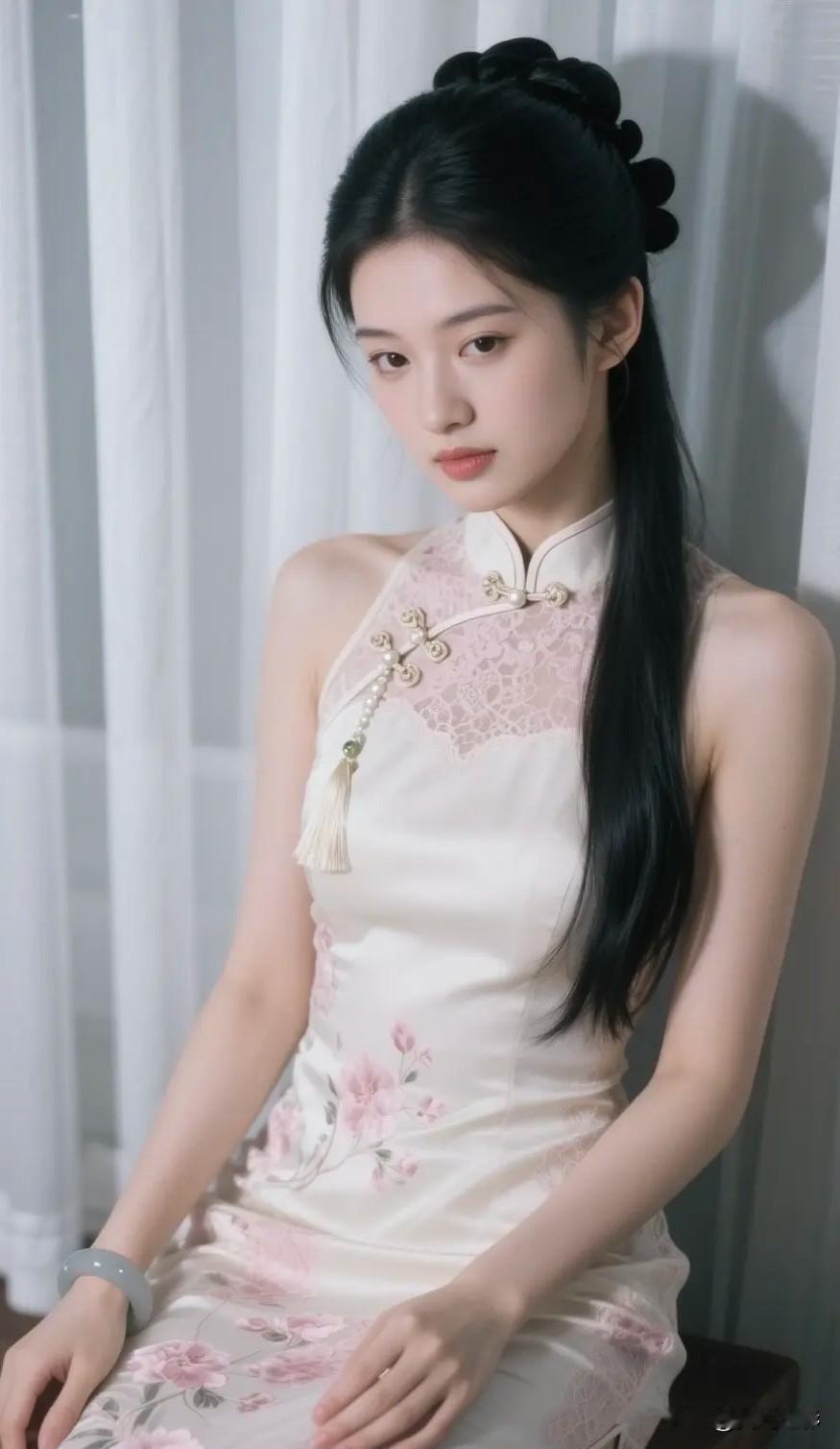 光之影&AI古典美人坐于白纱前，黑发如瀑，淡雅旗袍尽显东方韵味。旗袍秀东方美