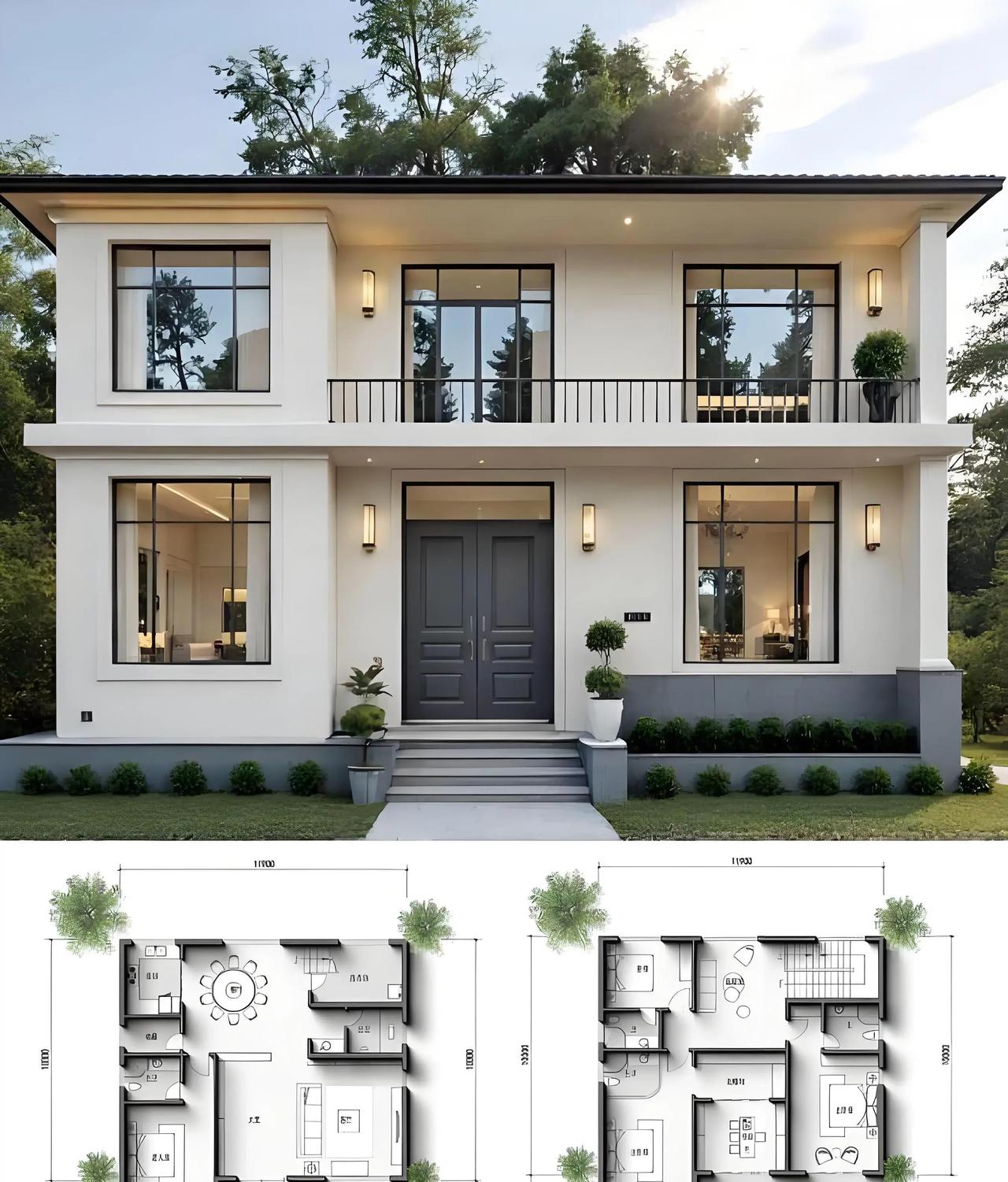 2025年农村自建房热潮中，一套米白配深灰的两层现代简约别墅，直接把“丑到劝退”