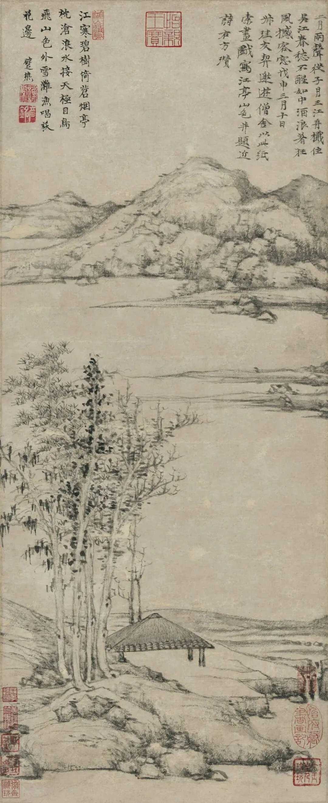 元倪瓒《江亭山色图》，水墨纸本立轴一三六八年作81.8x33.4cm