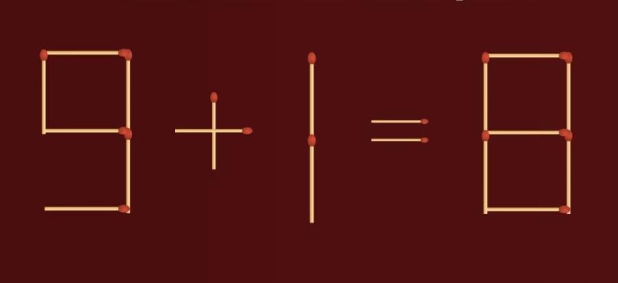 火柴棍大脑测试：移动两根火柴，纠正等式9+1=8