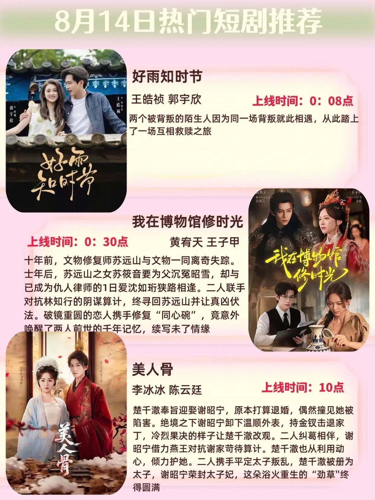 🔥📺8月14日短剧预告清单✨🔥1.好雨知时节🌿｜王皓祯、郭宇欣