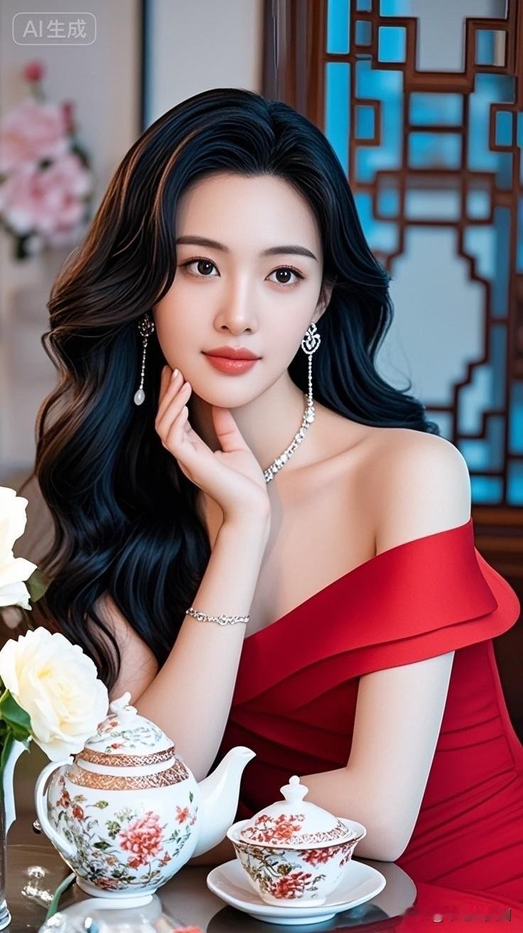 优雅黑裙美女，精致下午茶时光💃🍵