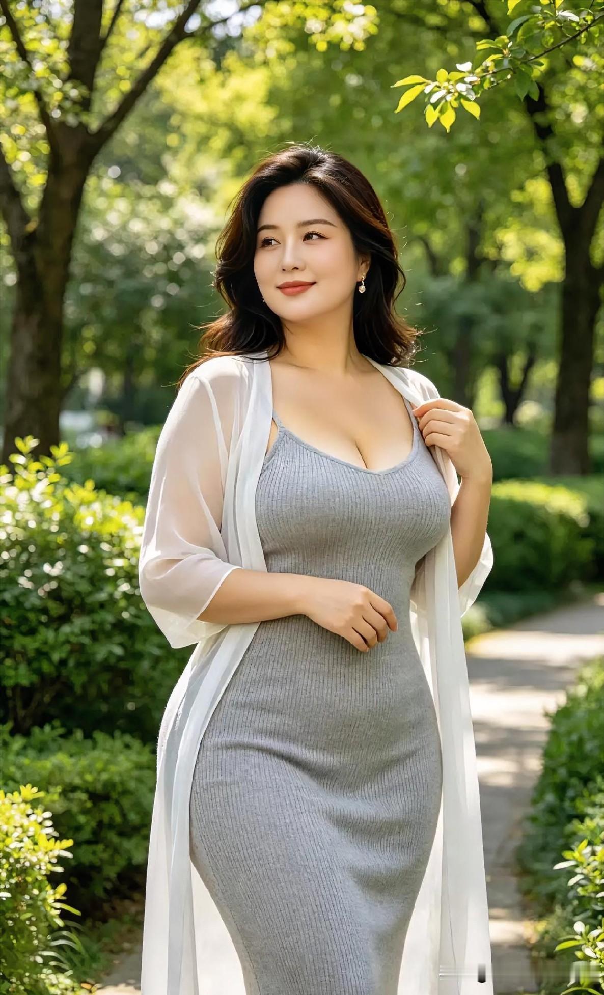 绿荫婆娑，灰裙勾勒曼妙曲线，白纱轻垂，于光影斑驳间尽显温婉从容。