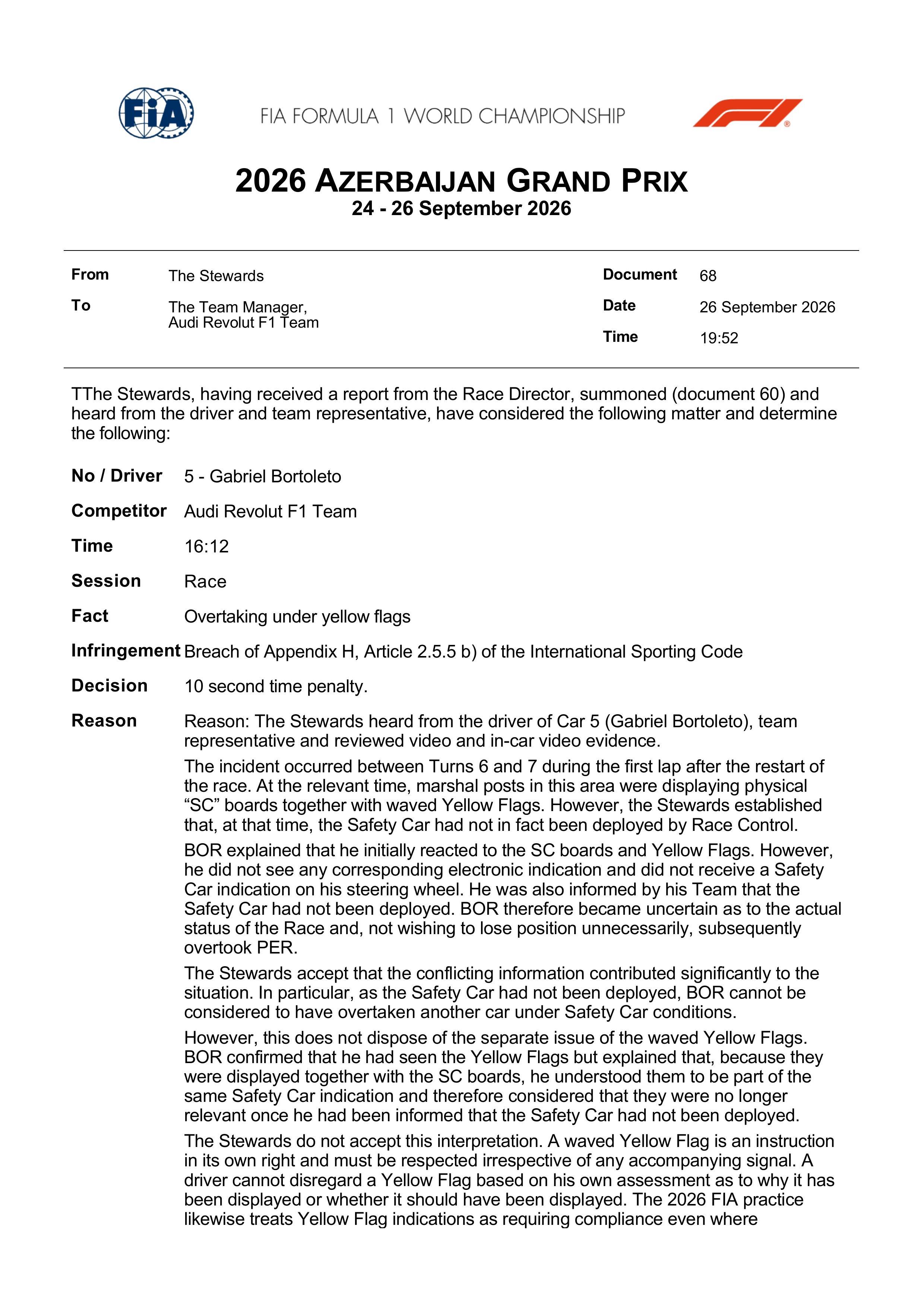博托莱托由于黄旗下超车，被加罚10秒。F12026F1阿塞拜疆大奖赛​​​