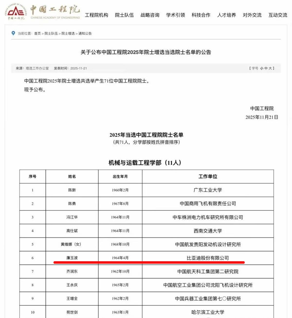 比亚迪廉玉波当选中国工程院院士！11月21日，中国工程院公布了2025年院士增