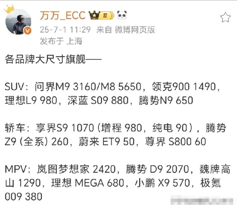 上周各大型轿车和SUV销量。腾势n9650台预期之中。D92070台稳