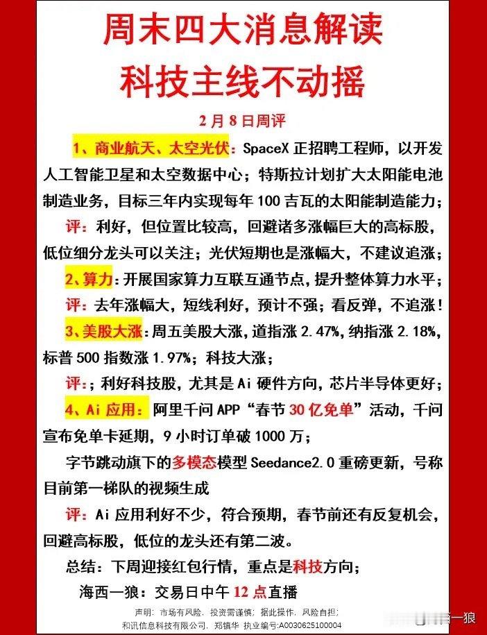 周末四大消息解读科技主线不动摇1、商业航天、太空光伏：SpaceX正招聘工程师，