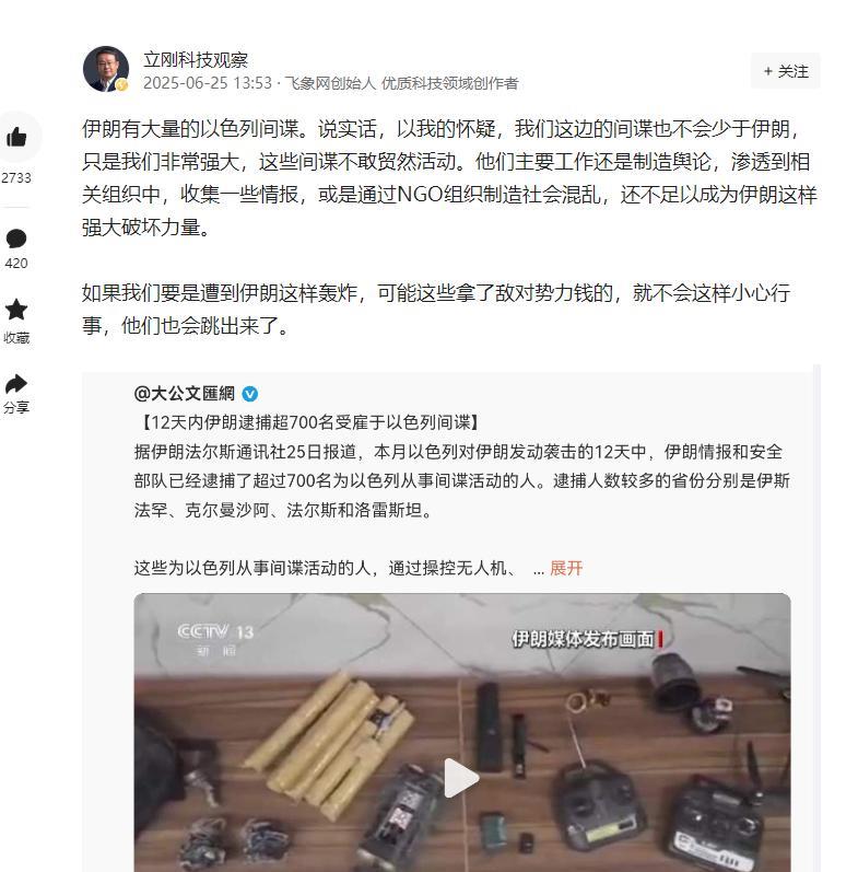 就12天内伊朗逮捕超700名受雇于以色列间谍！中国专家项立刚认为：“我们这边的间