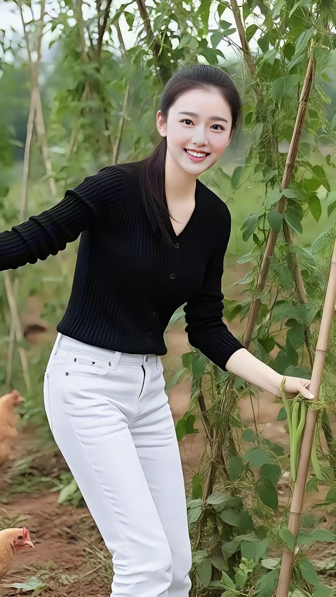 田园少女风，黑衣白裤，微笑面对自然。