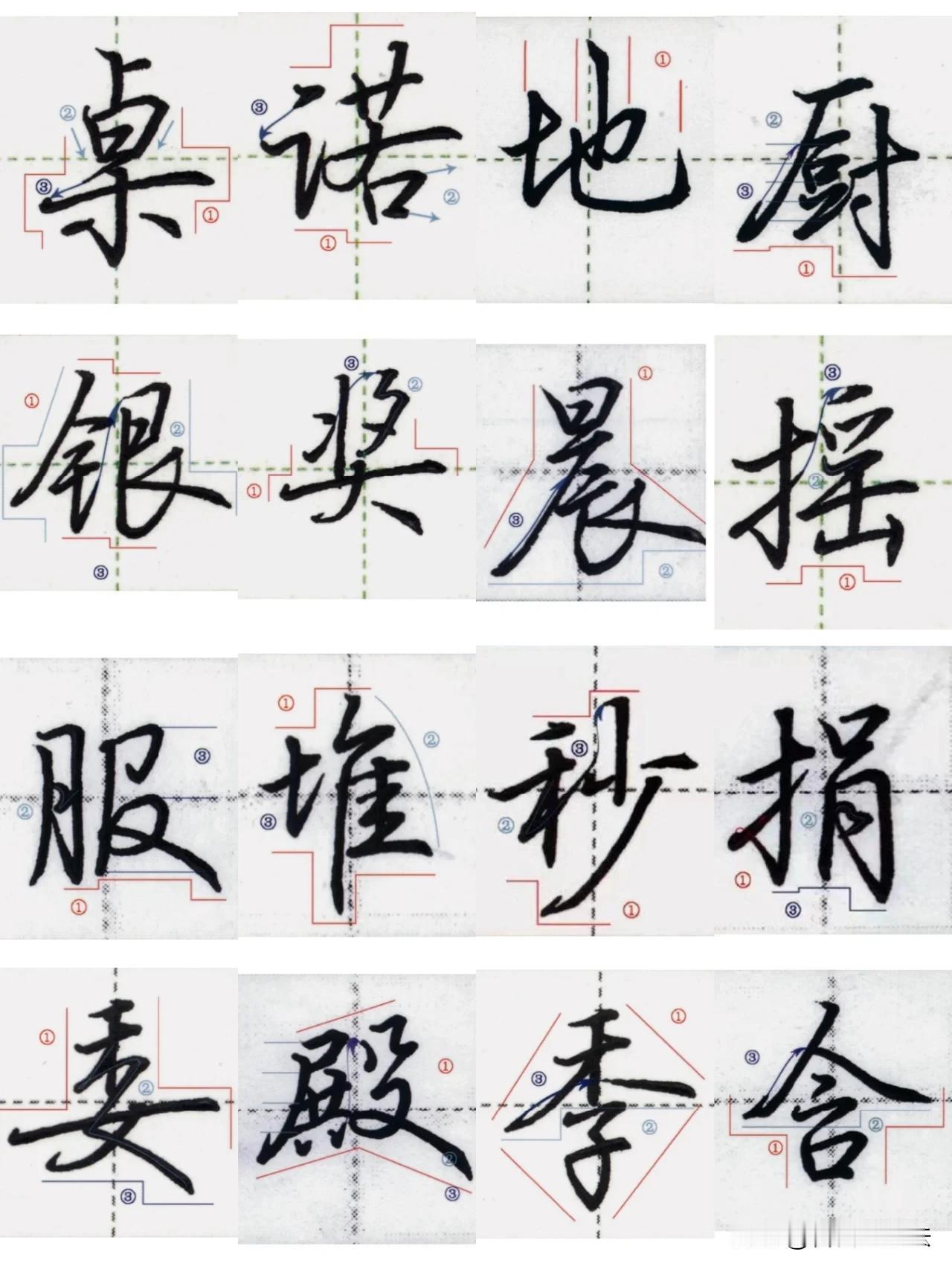 练字不要盲目描红。这套行楷拆解示范，把每个字的位置、重心、行笔路线全部标注出来。