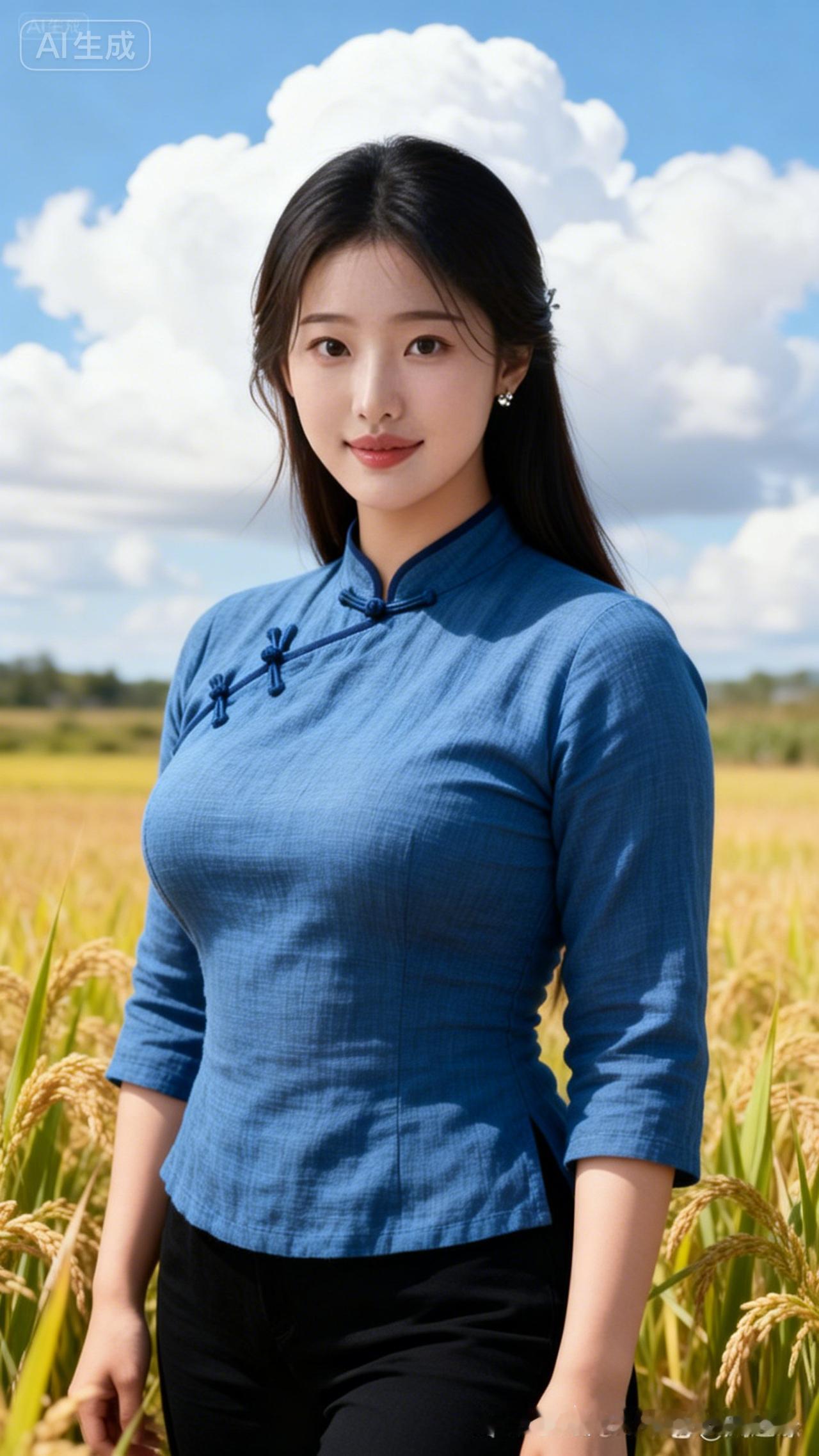 蓝衣少女在金黄麦田中，自然清新，宛如画中人。