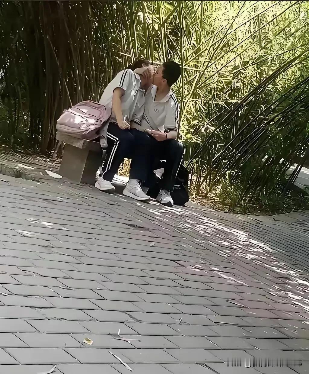 公园里两个中学生路边抱在一起亲嘴，这种现象咋能不让大人们担忧发愁呢？公园里两