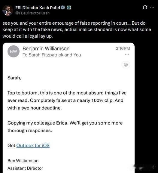 “法庭见”：FBI局长卡什·帕特尔对《大西洋月刊》一篇关于其行为放荡的负面报道感