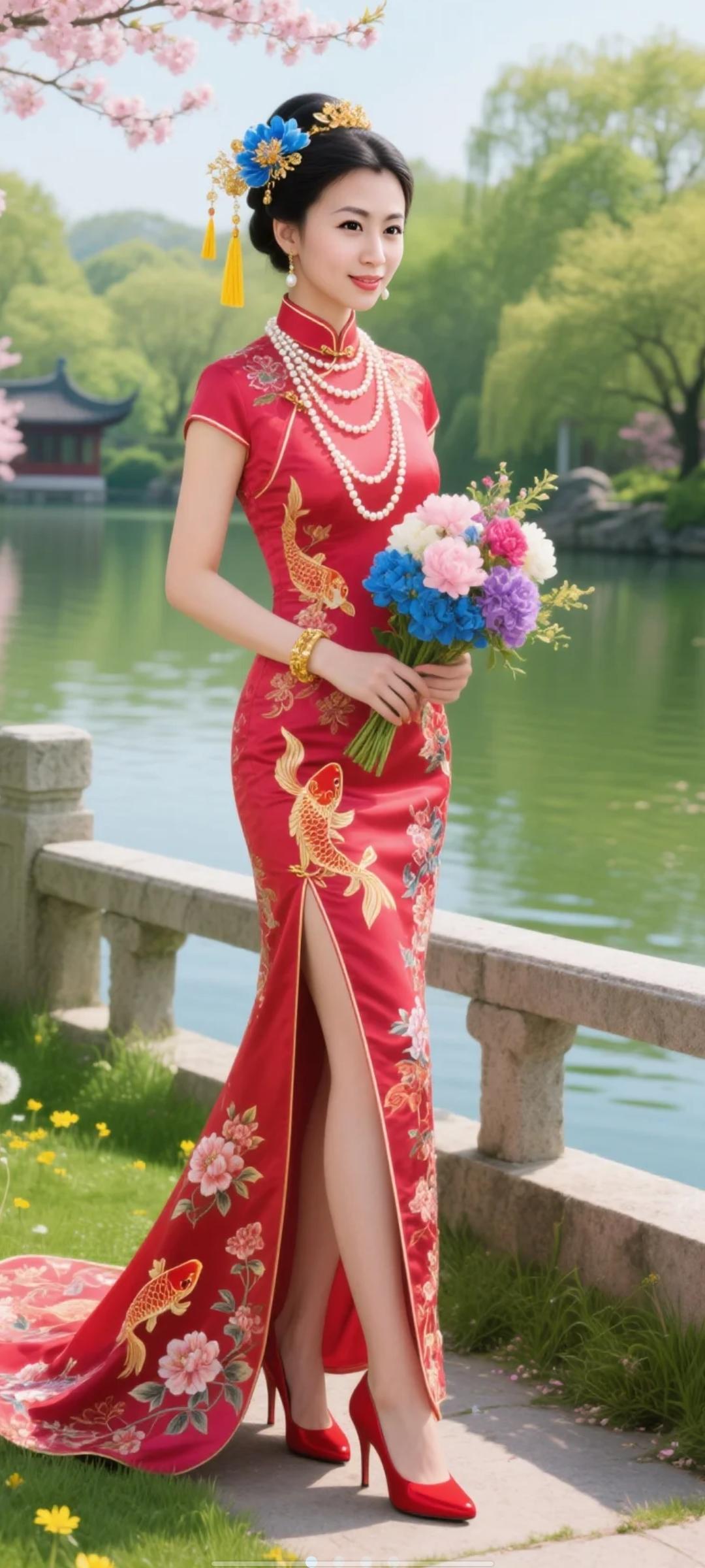 旗袍美人湖畔赏花，古风韵味十足！